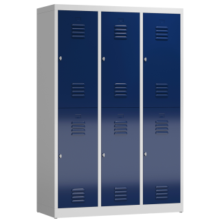 B-WARE - ClassiX Garderobenschrank, 3 Abteile doppelstöckig, 1800 x 1185 x 500 mm, lichtgrau/enzianblau
