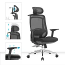 B&uuml;rodrehstuhl mit Kopf- Nackenst&uuml;tze und 3D Armlehnen, Netzr&uuml;cken, Lordosenst&uuml;tze, Alu Fu&szlig;kreuz, schwarz
